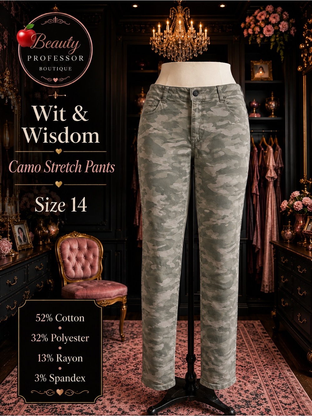 💕 Wit & Wisdom Size 14 Gray Olive Camo Stretch Straight Leg Pants